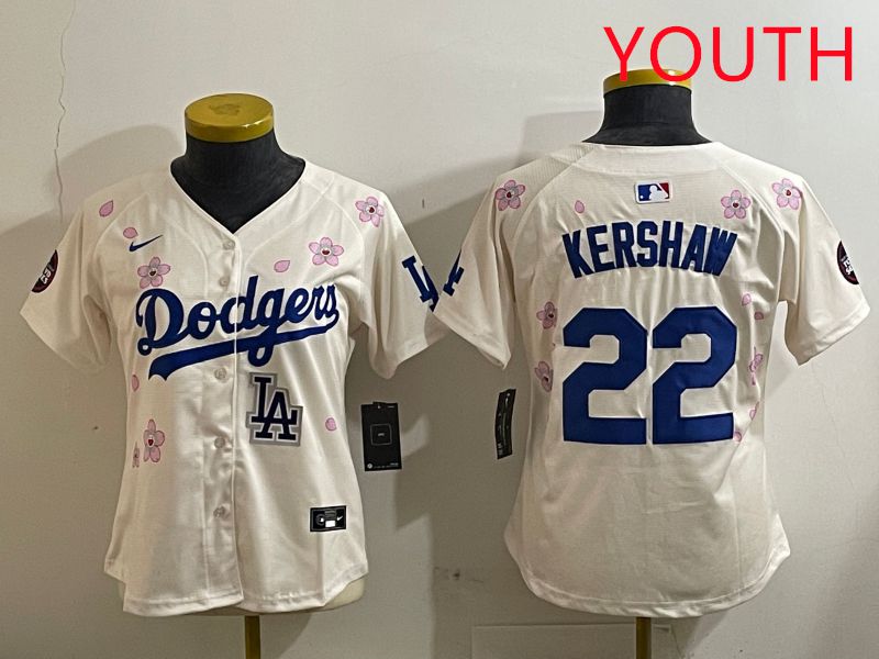 Youth Los Angeles Dodgers #22 Kershaw Cream Sakura Edition 2025 Nike MLB Jersey style 10